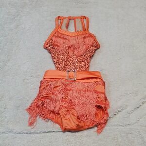 Weissman Orange Belted Cut Out Rhinestone Fringe Flapper Dance Costume Girl‎ IC